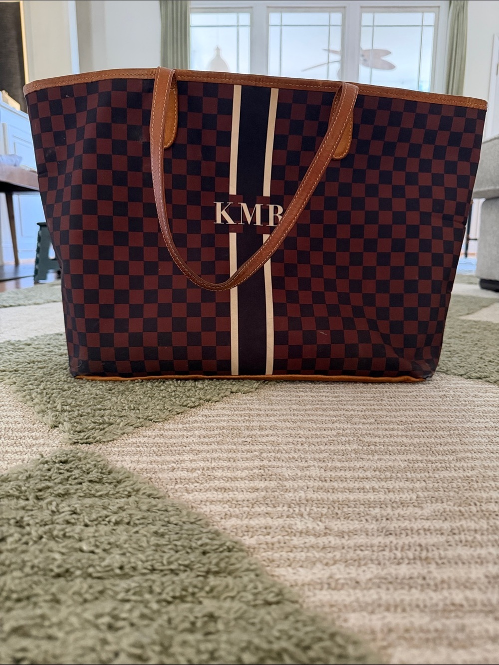 Monogram Checker Tote Shoulder Bag - Brown/Black